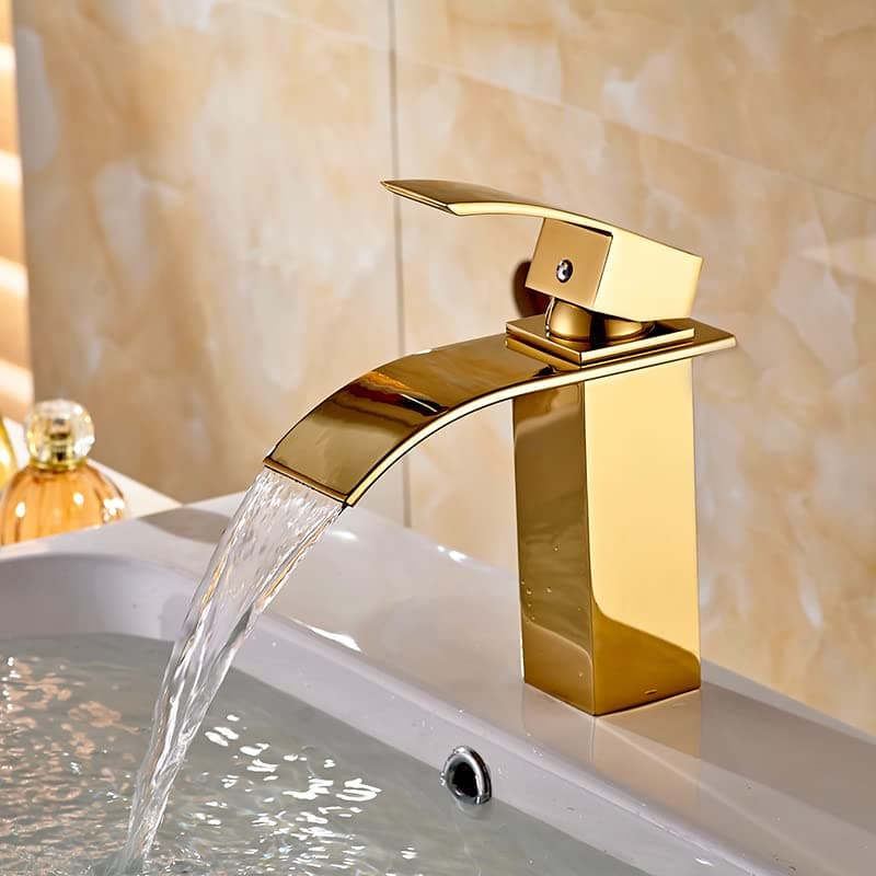 24x7 eMall Gold Waterfall Basin Mixer Hot and Cold Water Golden Colour Faucet Tap Basin Mounted for Bathroom Toilets Washbasins, 7 Inch Tall.
