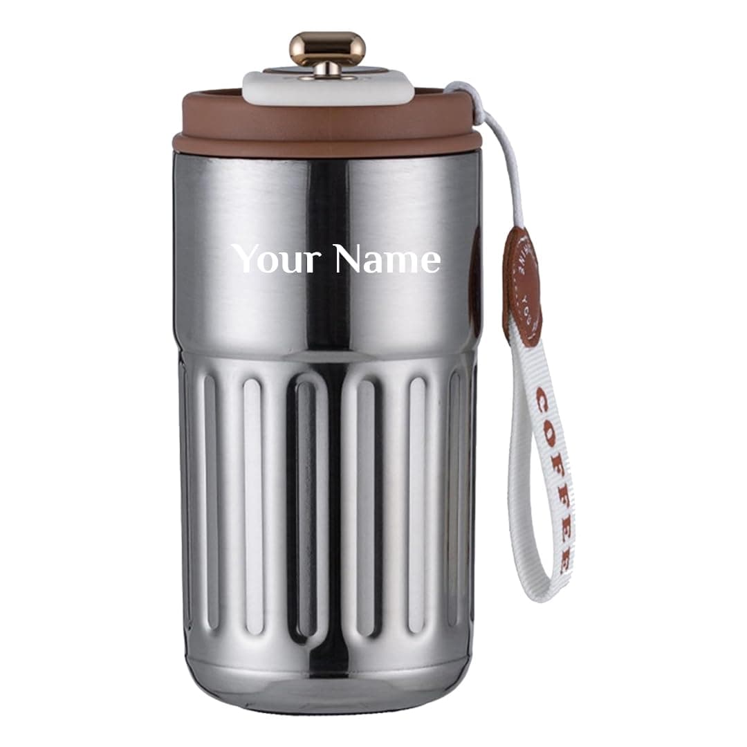 Giftana Personalized Tumbler with LED Temperature Display Customized Coffee Tumbler with Secure Lid & Carrying Strap, Birthday Gifts for Men and Women (Silver, 420ml)