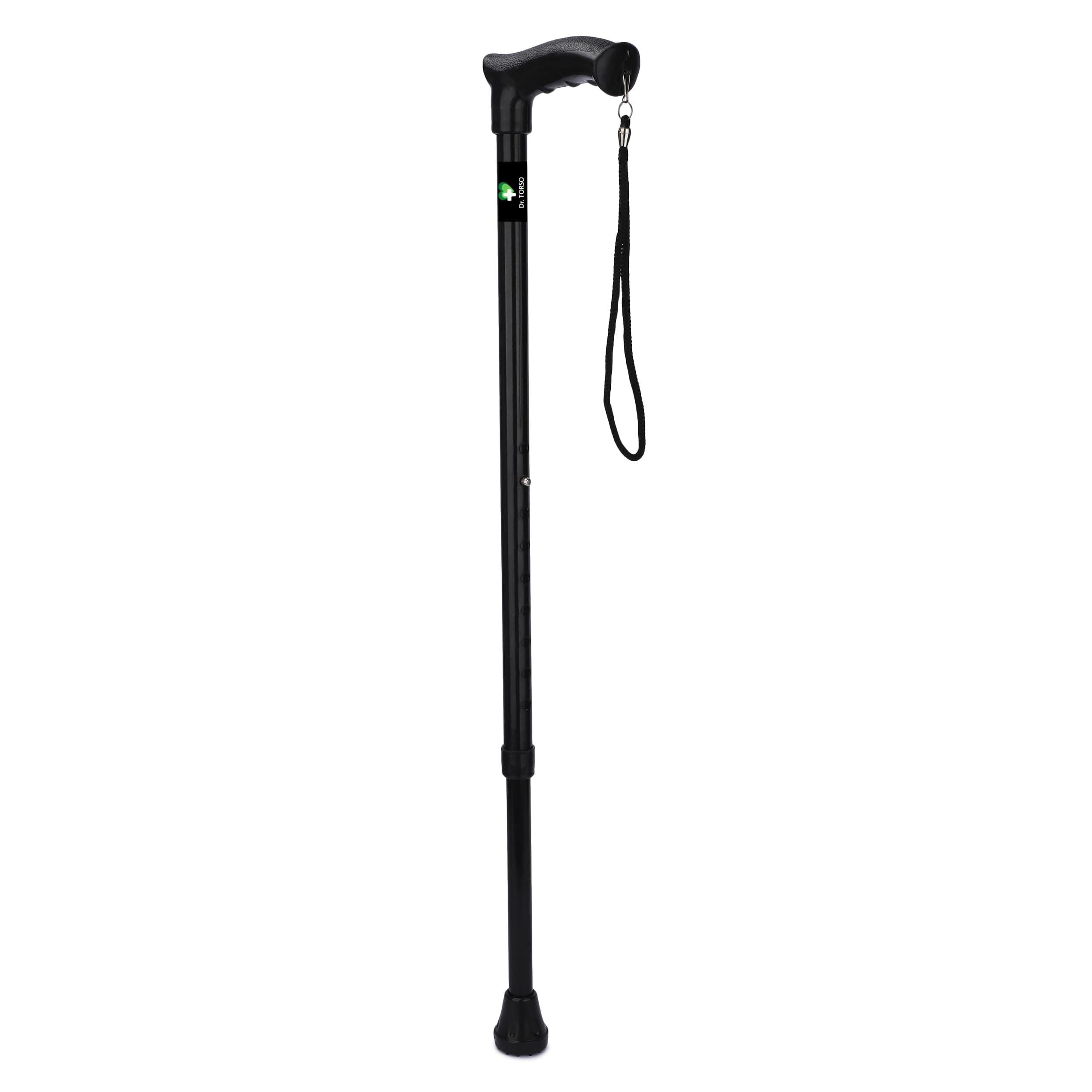 Dr. TORSO All New Walking Stick with Adjustable Height | Anti-Slip Base for Patients, Old People or Physically Challenged (Black) Steel