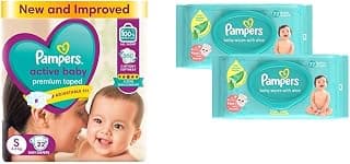 Pampers Diaper Active Baby Small 22 Count & Baby Wipes Gentle wet wipes 144 Count