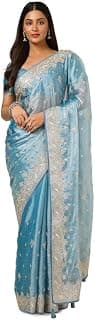 Soch Womens Peach Organza Embroidered Saree With Stone Work