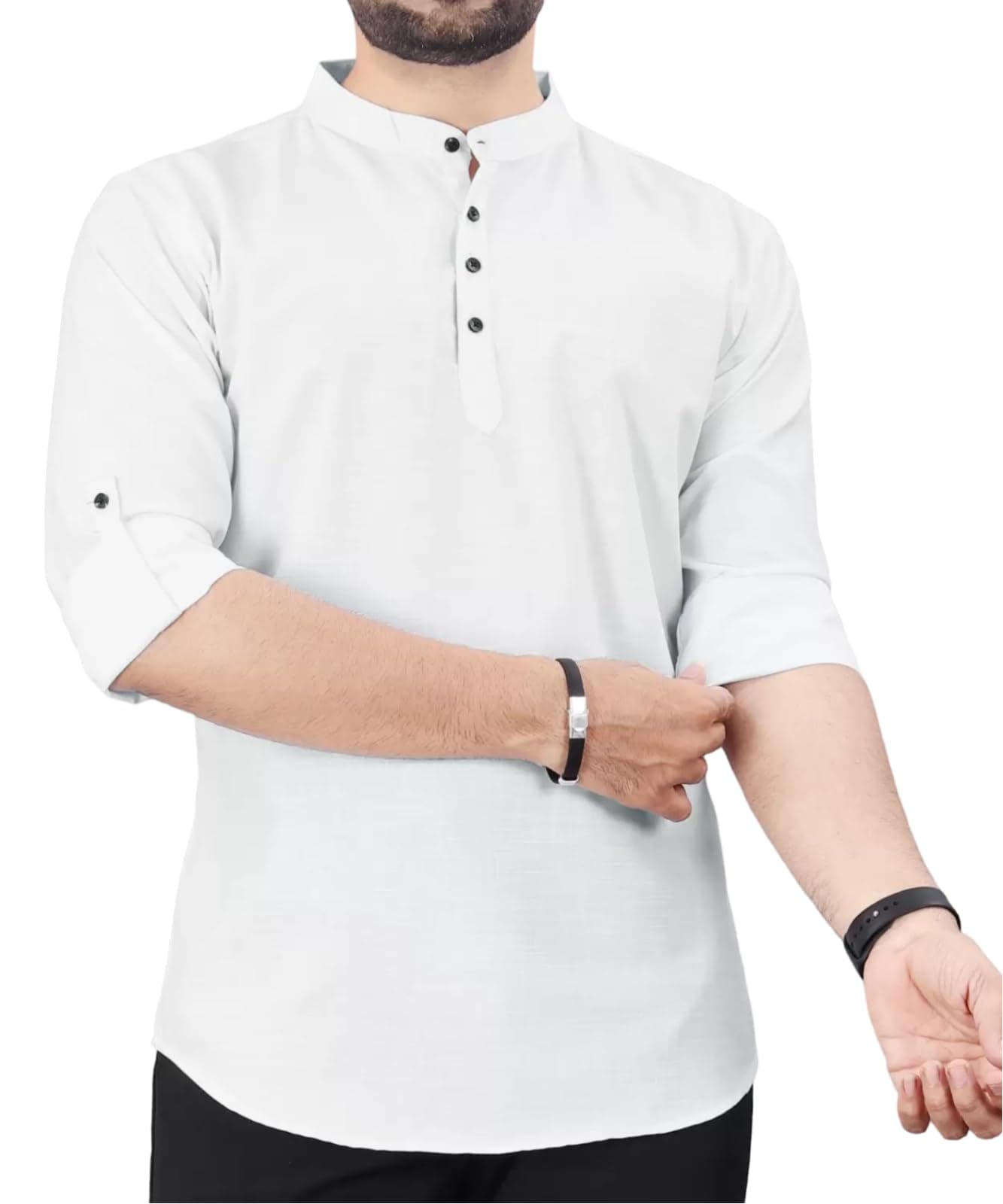 DEELMO Men's Regular Fit Solid Spread Collar Casual Shirt, Full Sleeve Straight Short Kurta Shirt for Men