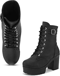 XE Looks 100% Vegan Leather Women's Lace-Up Chunky Heel Ankle Boots with Buckle Detail | Trendy, Lightweight, Stylish, Comfortable and Soft, Trendy Heel Boots for Girls & Women