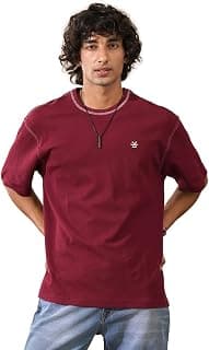 WROGN Men's 240 GSM Cotton Micro Waffle T-Shirt | Tonal Embroidered Logo | Oversized Fit