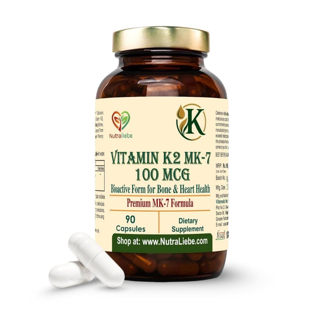 NutraLiebe Vitamin K2 (as MK-7 Menaquinone-7) – High Bioavailability Formula for Bone Strength, Calcium Absorption & Heart Health | Supports Arterial Flexibility | 90 Veg Capsules | Non-GMO & Gluten-Free