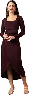 Trend Arrest.ed Women's Bodycon Midi Dress | Square Neck Wrap Style | Stretchable | Full Sleeve Fitted Dress for Party, Evening, Casual Outings & Date Night