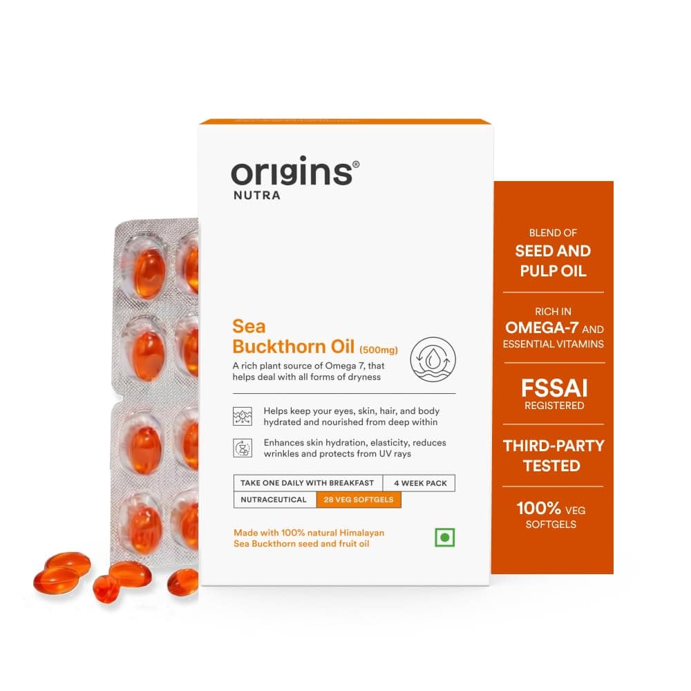 Origins Nutra Sea Buckthorn Oil| Seed & Pulp Extract | Omega-7 for Skin, Hair & Eye Hydration | GMP Certified | 28 Veg. Softgels | Pack of 1