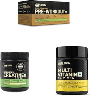 ON Gold Standard Pre-Workout 142.5g/15 Green Apple & Micronized Creatine Powder 100g 33 Serves 3g per serve & Multivitamin for Men 60 Tablets 26 Vitamins Minerals Green Tea Extract