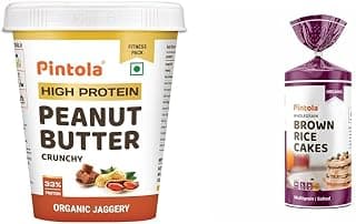 Pintola Combo - High Protein Organic Jaggery Peanut Butter Crunchy 510 Gram + Rice Cake Multigrain Salted 130 Gram, 100% Pure Roasted Peanuts Butter, Rice Cakes