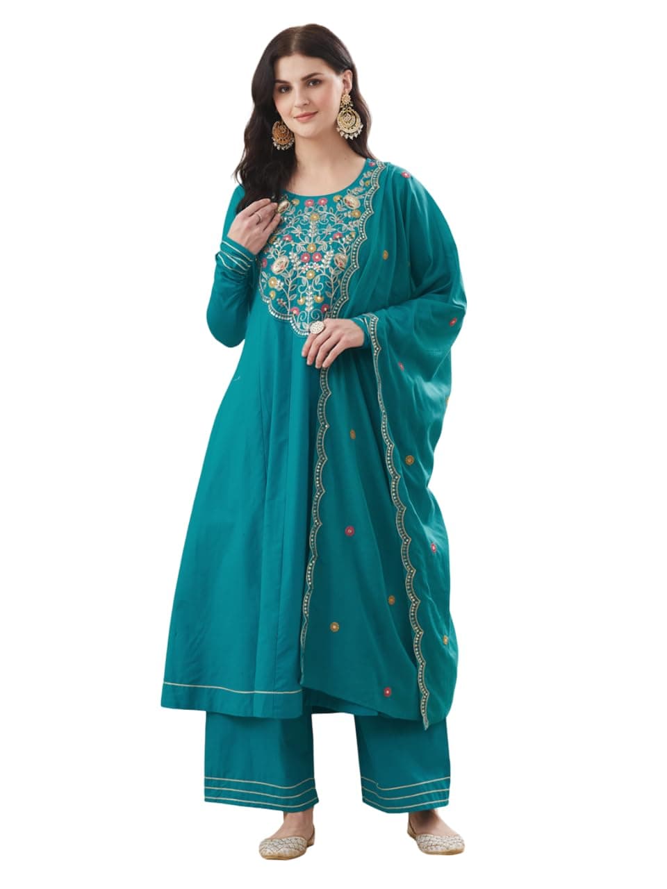 MOKOSH Women’s Cotton Anarkali Kurta Palazzo with Dupatta | Anarkali Kurta Set | Round Neck Full Sleeve | 3 Piece Outfit | Indian Kurta Outfit With Palazzo Pant | Embroidered