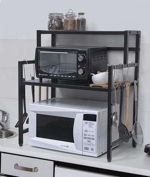 Livzing 2-Tier Metal Microwave Stand | Double Platform for Extra Storage with 8 Hooks | Multi-Purpose Rack for Microwave, OTG, Oven | Height Adjustable Oven Stand for Kitchen Platform Rack - Black