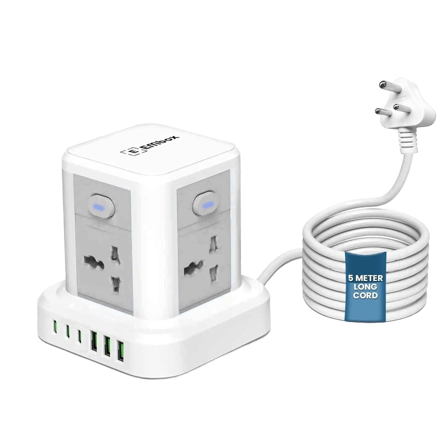 Embox Extension Board 5 Meter Cable | 2500W Extension Cord with 4 Universal Sockets & 6 USB Ports(3 Type A+3 Type C)| Extension Board with Switches Surge Protector Safety Shutter LED Indicator