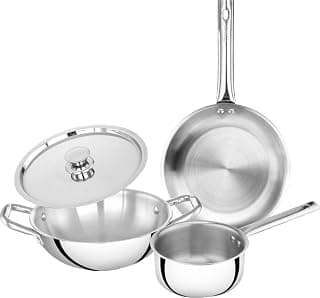 Prestige TRIPLY 4 Pc Cookware Set | TRIPLY Splendid | Fry Pan 22cm/1.9L | Kadai 22cm/2.5L | Sauce Pan 14cm/1.3L | SS Lid 24cm | Gas & Induction Compatible | Even Heat Distribution | 15Y Warranty | ISI