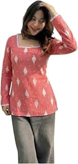 Generic Women's Floral Print Kurti, Bell Sleeves with Lace Trim, Tie-Neck