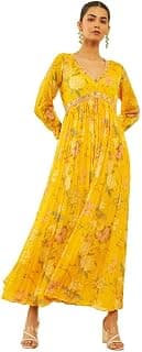Soch Womens Yellow Chinon Floral Printed Ethnic Dress with Mirror Work