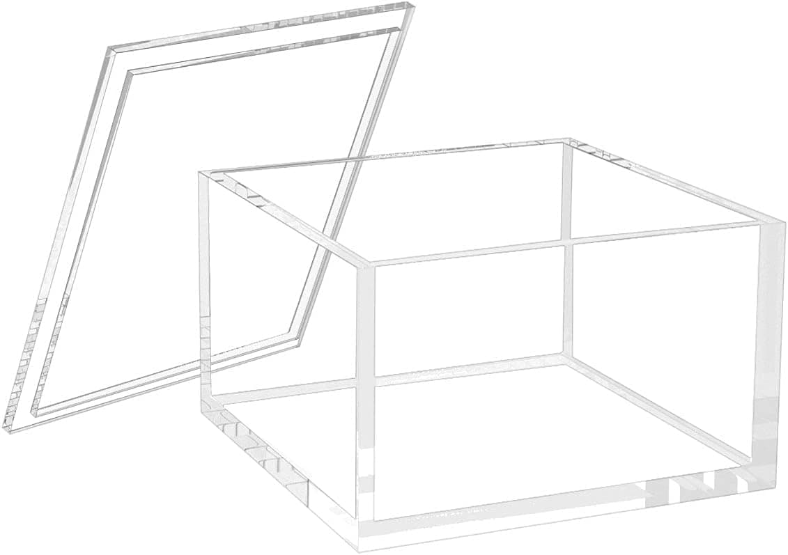 Fanassyy Acrylic Box with Lid, Clear Cube Display Case, Multi-Purpose Box for Holding Staples, Highlighters, Adhesive Tape, Paper Clips, Stamps, Office or Home Display (Medium)