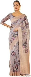 Soch Womens Grey Tussar Silk Saree With Floral Print And Zari Woven Designs