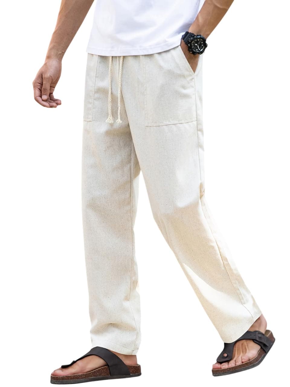 Linen Pant for man | Loose Fit Trouser for Men | Elastic Waist with Drawstring | Perfect for Casual Wear | Lightweight Breathable Fabric | Straight Fit & Side Pocket