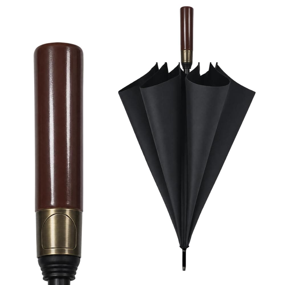 ginoya brothers 3-Fold Folding Travel Umbrella with Wooden Handle Automatic Open & Close UV Protection Umbrella for Men & Women Compact Windproof Sun & Rain Protection