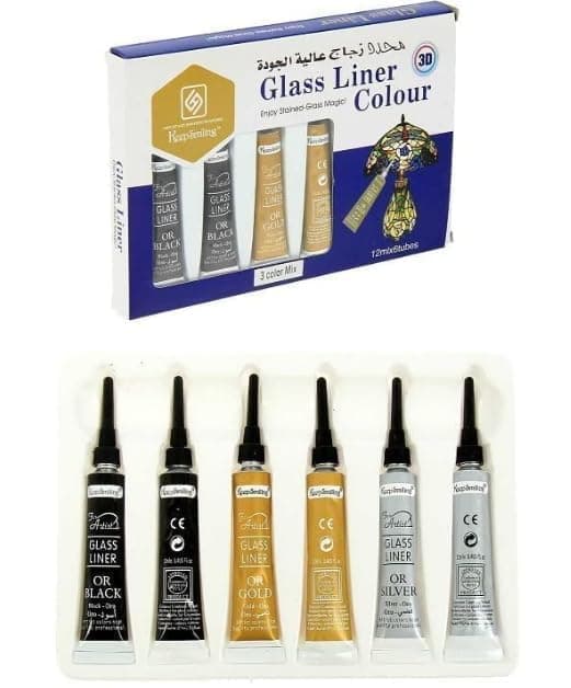 kreni Glass Liner Colors 3D Glass Color 12ml x 6 Tubes With Gold, Silver And Black Each 2Pcs tubes
