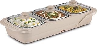Jaypee Plus E-3 Bowl Electrical Serving Casserole Chafing Dish,1000ml Each |Stainless Steel 3 Dish Food Buffet Server |3 in 1 Electiric Bowl for Reheating Food, Beige