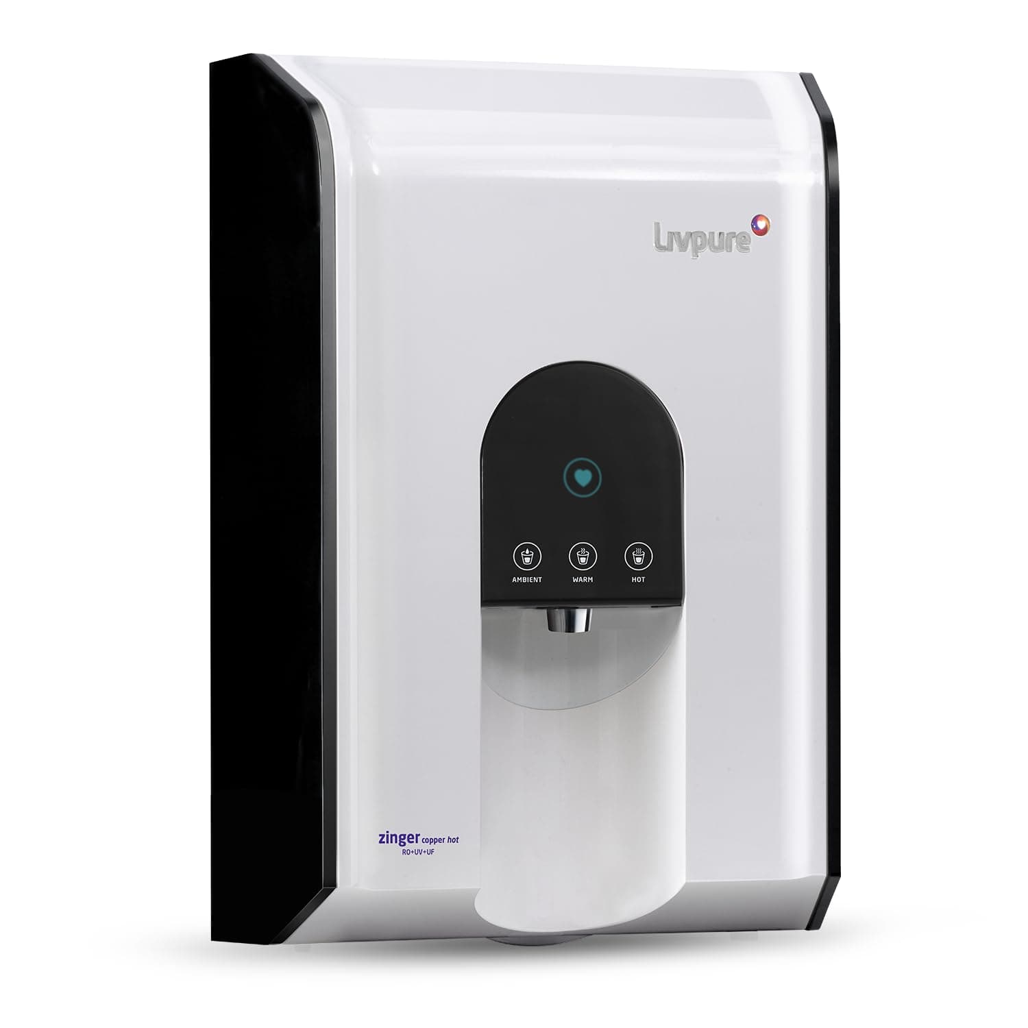 Livpure Zinger Copper Hot with Water Saving Technology and Interactive Touch Display, RO+UV+UF+Copper, 6.5L Storage, Instant Hot, Warm and Ambient Water Purifier for home (White)