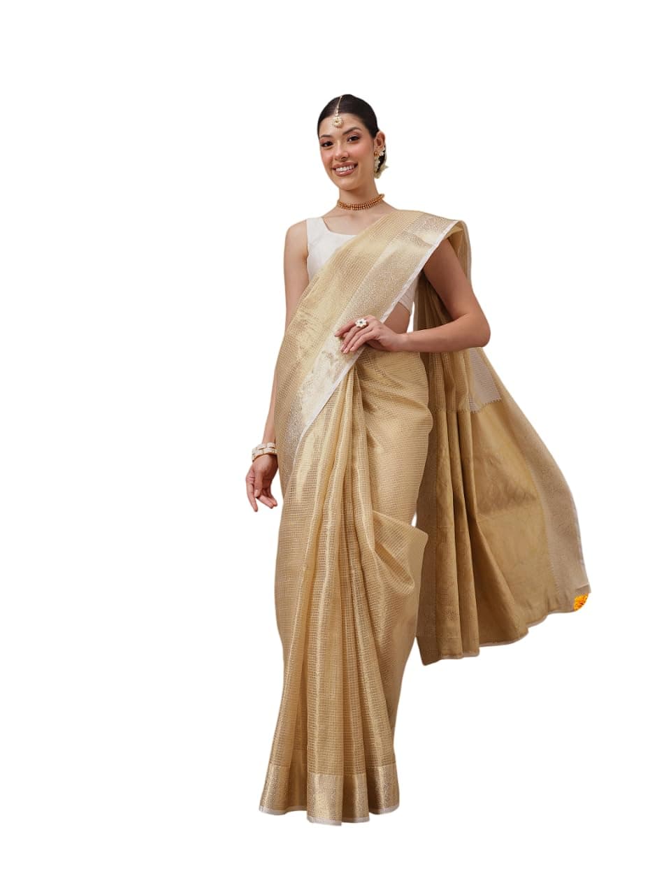 Amazon Brand - Anarva Onam Special Muga Checks Silk Saree (Beige)