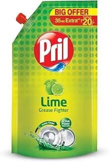 Pril Lime Liquid Dishwash Gel - 105ml + 35ml extra Pouch | Dish Cleaning Liquid Gel with German Technology - Active Power Molecules Leaves No Residue, Grease Cleaner For All Types of Utensils