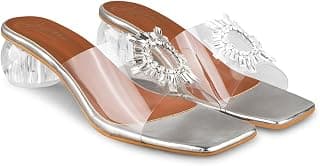 JM LOOKS Rhinestone Transparent Crystal Block Heels Open Toe Sandals