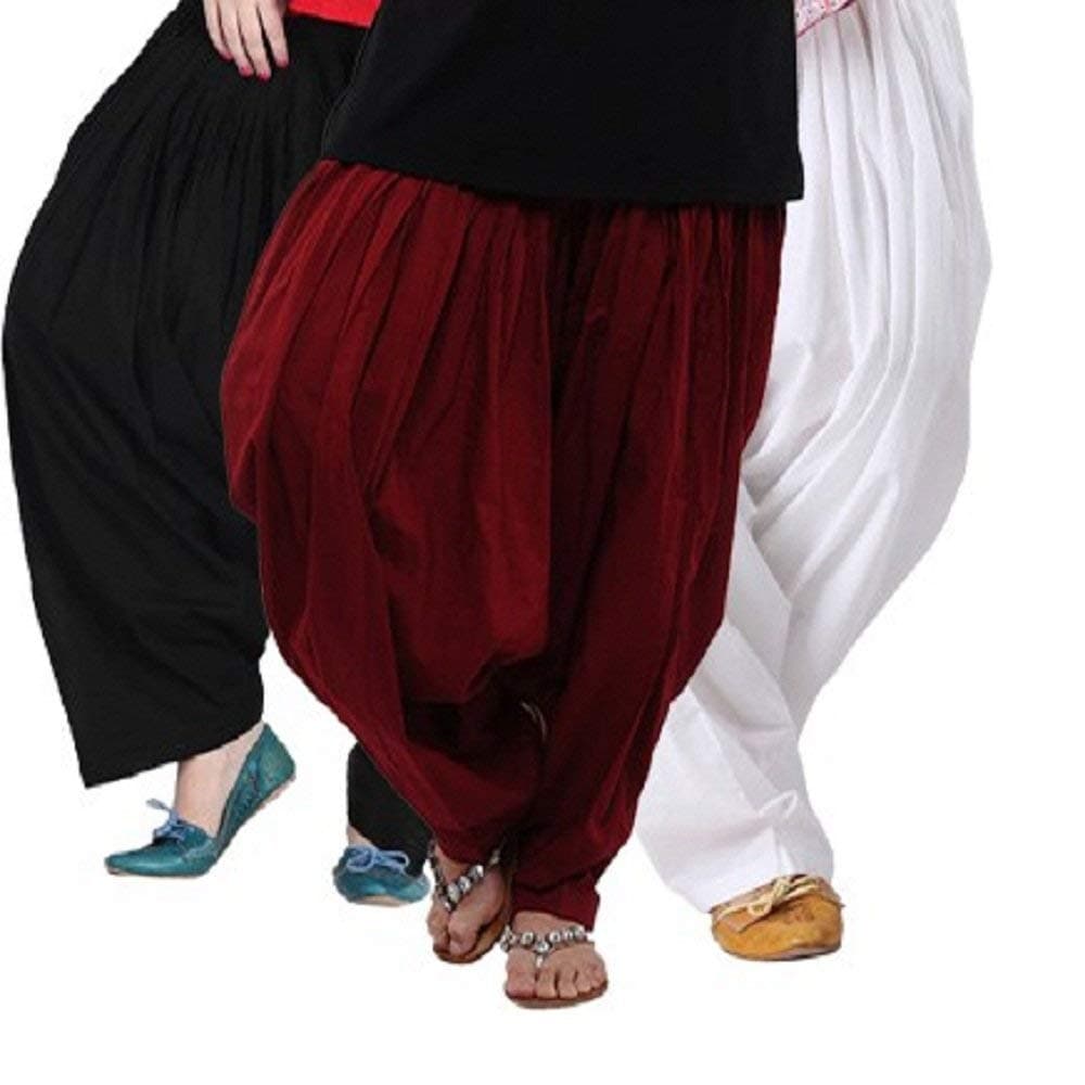 Pistaa's Women's Loose High Rise Combo of 3 Solid Cotton Mix Best Indian Ethnic Comfortable Readymade Punjabi Semi Patiala Salwar
