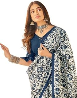SAREE MALL Women's Ajrak Block Print Dola Silk Saree With Unstitched Blouse Piece