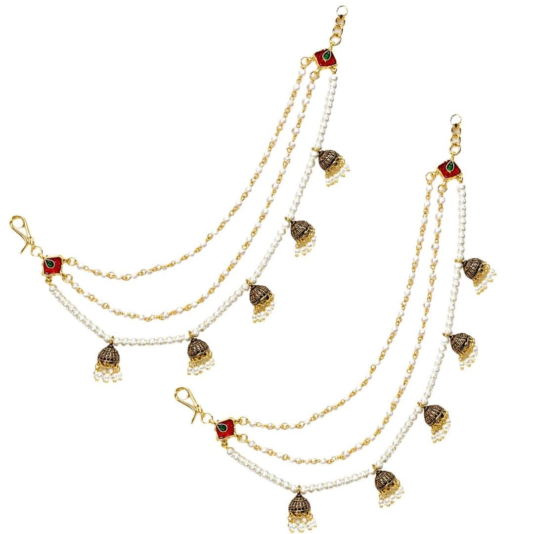 SAMRIDDHI JEWELS Traditional Gold Plated Pearl Ear Chain Earring for Women & Girls Bahubali Inspired Multi Layer Jhumka Jhumki Hair Chain Jewellery