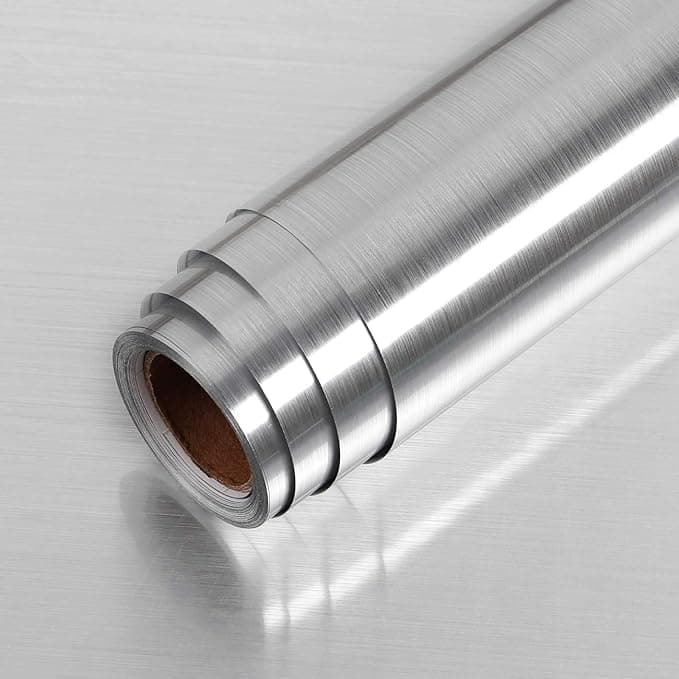 SIA VENDORS Oil Proof Self Adhesive Aluminum Silver Foil Viny Wrap Waterproof Sticky Back Plastic Roll for Kitchen Drawer Liners Shelf Liner Cupboard Backsplash (Silver Brush, 30cmX200cm)