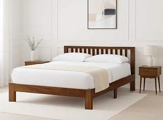 Queen Size Solid Wood Premium Bed | Modern Durable Double Bed Walnut Finish - 78x60 inches