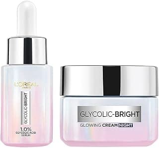 L'Oreal Paris Glycolic Bright Skin Brightening Serum, 15ml 1% Glycolic Acid For Dark Spots, Pigmentation & Uneven Skin Tone & Glycolic Bright Glowing Night Cream, 15ml For All Skin Type (Pack Of 2)
