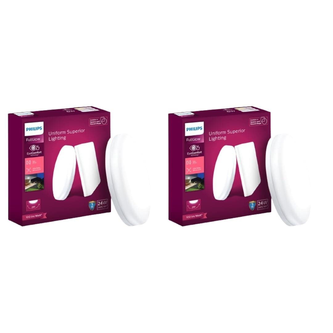 PHILIPS Rimless Full Glow 24-watt Round LED Surface Downlighter | Surface LED Downlight for Ceiling | Ceiling Light for Home & Hall | Cool Day Light | Pack of 2