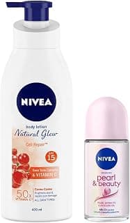 Nivea Body Lotion, Extra Whitening Cell Repair SPF 15, For All Skin Types, 400ml & Deodorant Roll On, Pearl & Beauty, 50ml