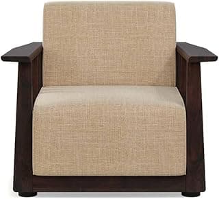 Urban Ladder Serra Wooden 1 Seater Sofa | Mahogany Finish Solid Wood Frame | Sandshell Beige Fabric | High-Density Foam Cushioning | Elegant Compact Design | Living Room & Office Seating