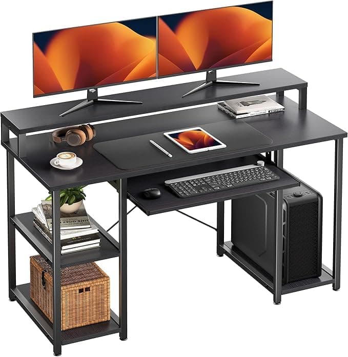 TEKAVO Trio Computer Table for Home Pc | Office Table for Home with Monitor Riser and Keyboard Tray, Laptop Table, Work Table, Study Table, Modern Workstation | Black Wood, Metal,(120x60x 75 cm)