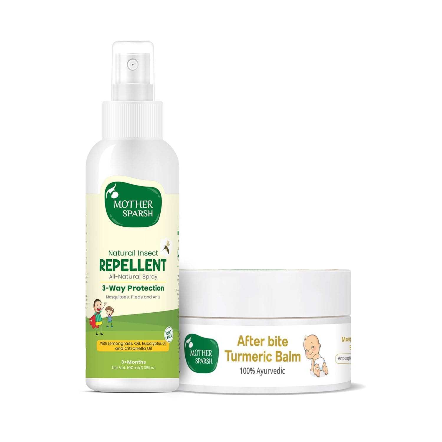 Mother Sparsh Natural Insect Repellent for Babies 100 ml and After Bite Turmeric Balm for Mosquito Bites, 100% Ayurvedic, 25 gm (Combo Pack)