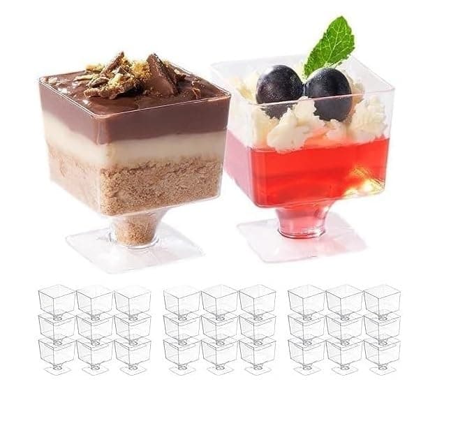 Amit Marketing 100ml Acrylic Dessert Cup with Stand | Mini Footed Clear Square Parfait Cups | Reusable Serving Glasses for Mousse, Trifle, Pudding, Fruit, Ice Cream & Home, Party Desserts (20 Pcs)