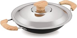 BERGNER Bellini Plus Aura 5-Layer Non-Stick 20 cm Appachetty with Stainless Steel Lid, Wooden Finish Soft Touch Handle, Even Heat Distribution, PFOA Free, Gas Stove Compatible - Black