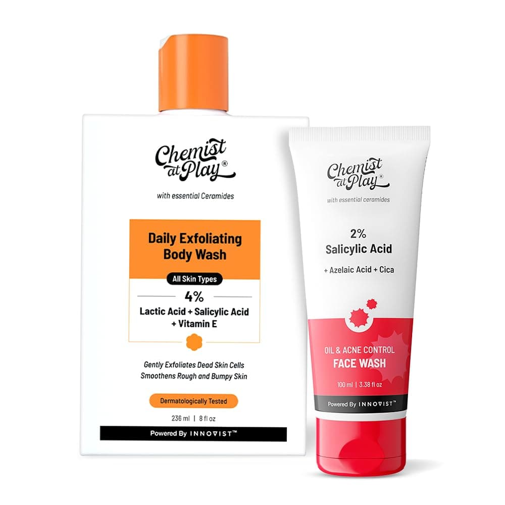 Chemist At Play Exfoliating Body Wash & Oil & Acne Control Face Wash Combo | Removes Tan, Fights Acne & Oil | Vitamin E, Niacinamide | Sulphate-Free | For Oily Skin | 236ml & 100ml