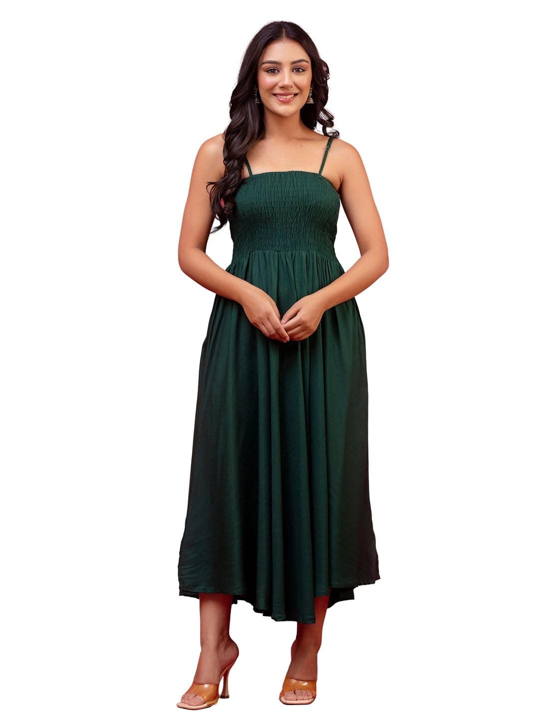 feranoid Smocked Solid Sleeveless Women Dress