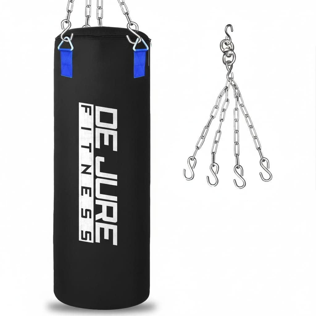 De Jure Fitness Heavy Duty 3 Ft Punching Bag with Rust-Proof Stainless Steel Hanging Chain | Durable Polyester Fabric | Comfortable Recycled Filling | Boxing MMA, Kickboxing - Black, 3 Ft
