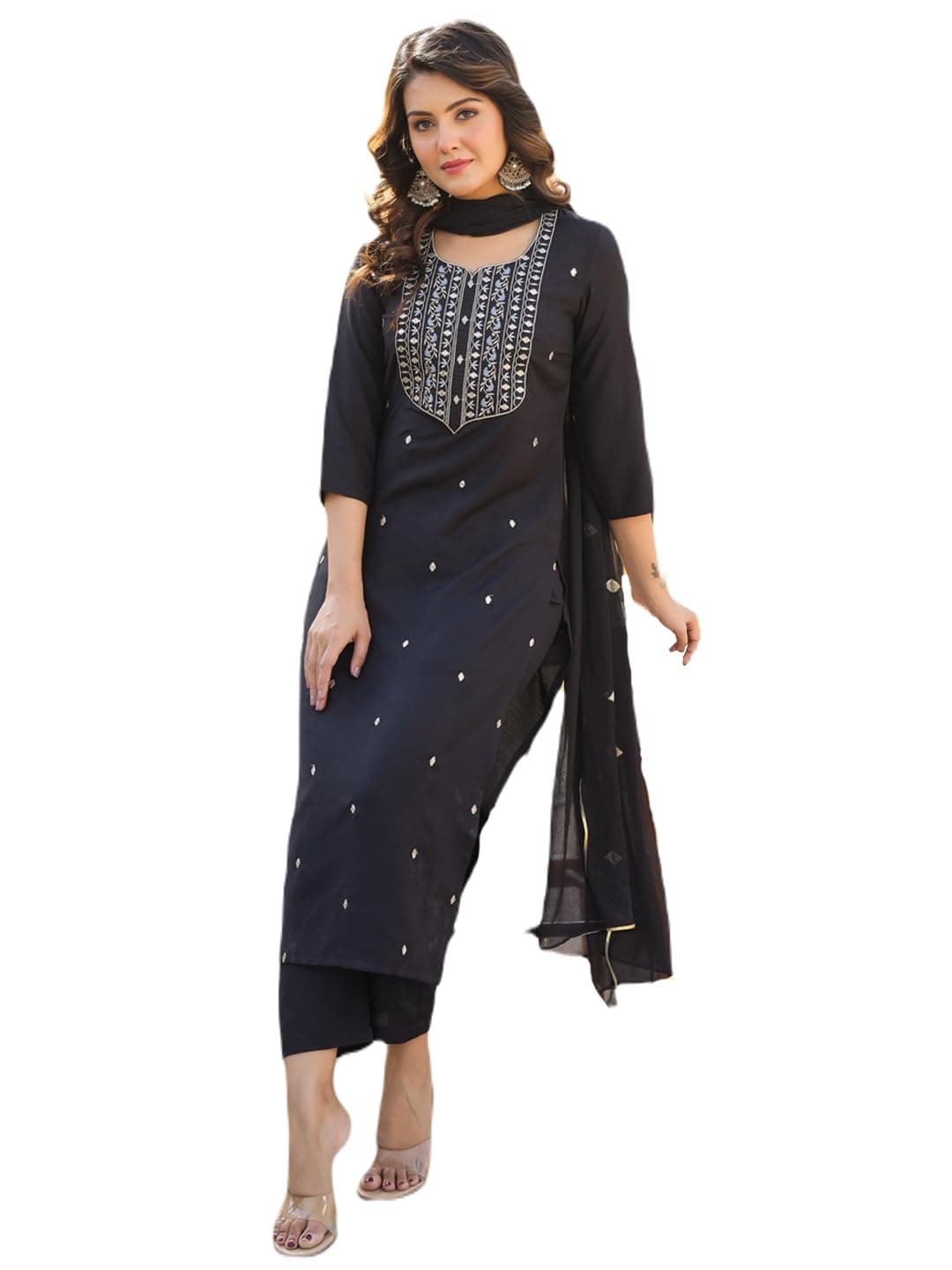 GoSriKi Women’s Cotton Blend Embroidered Kurta Set with Pant & Dupatta – Straight Calf‑Length, 3/4 Sleeve, Round Neck – Elegant Ethnic Attire (5 Colors, S–5XL)