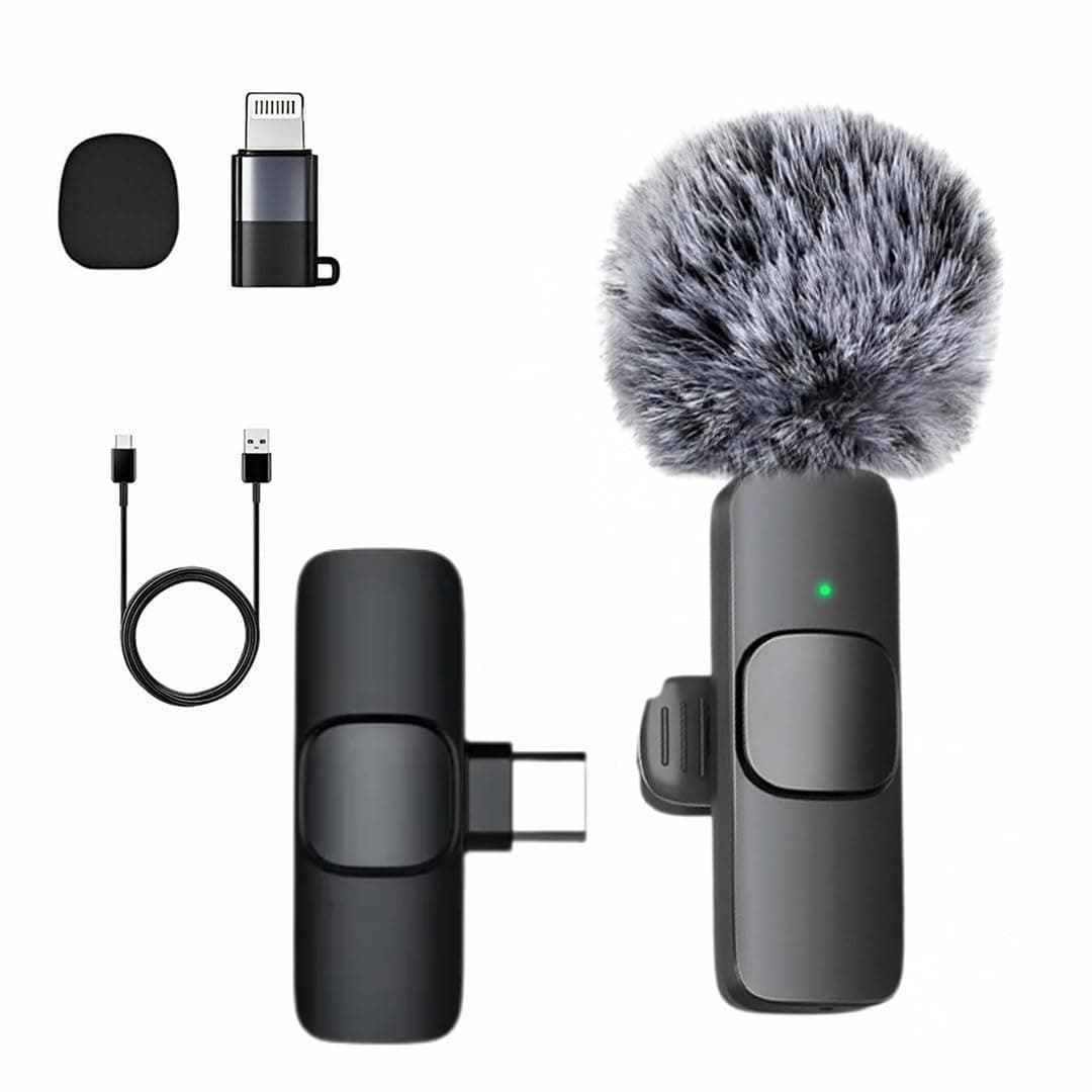 GADGETSWEAR Dual Lavalier Wireless Microphone with LED Display Case for iPhone/Camera/PC/Lightning/USB-C/Plug (K8 Furry)