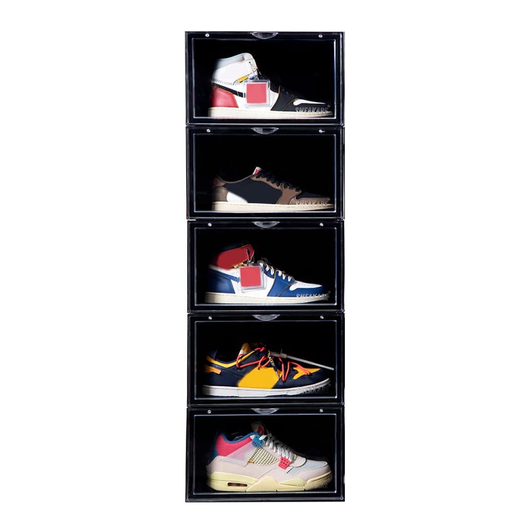 SNEAKARE Stackable Shoe Storage Box | Heavy Duty Plastic Sneaker Crate with Magnetic Door | Shoe Organizer for Men & Women | Fits Upto UK 14 | Durable Shoe Storage Box Black Pack of-5