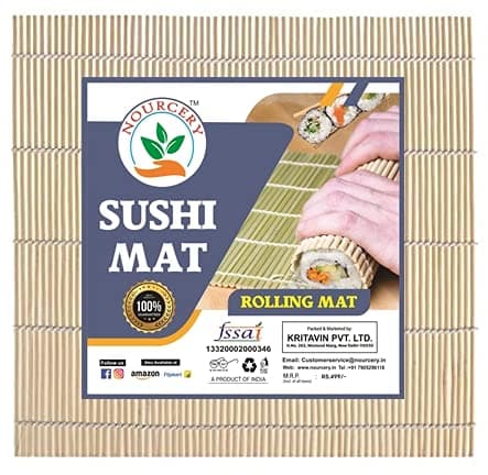 NOURCERY All Natural Bamboo Sushi Rolling Mat (100% Authentic Sushi Rolling Mat - 9 Inch x 9 Inch | Make Sushi at Home) Bamboo Makisu