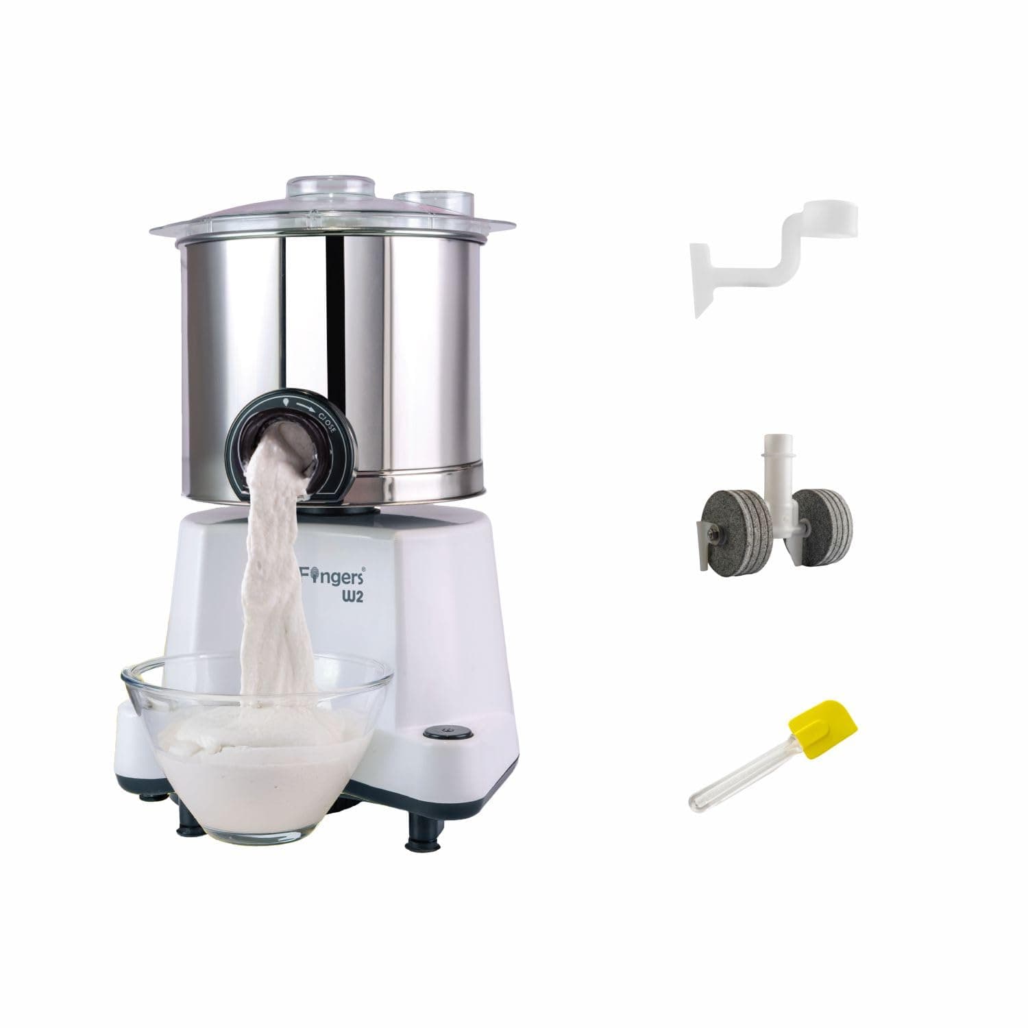SmartFingers Comfort + Table Top Wet Grinder 230V, 2 Liter, White | Hands-Free Batter Dispenser | Top Wiper, 150W Motor | 5 Years Warranty | AISI 304 Food-Grade SS Cylindrical Drum